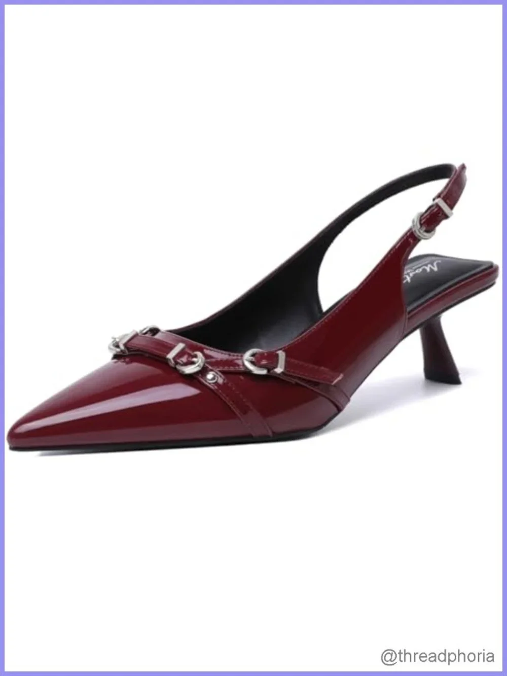 Patent Leather Kitten Heels for Women Pointed Toe Slingback Pumps with Buckle